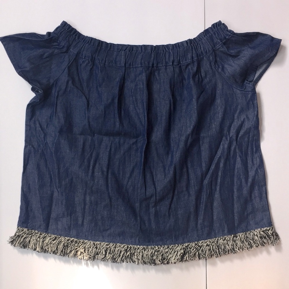 LUMIERE NWOT Dark Denim elastic smocked neckline fringe hem cap sleeves